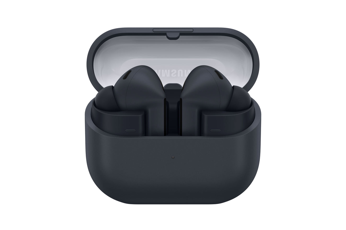 Samsung Galaxy Buds3 FE trådløse hovedtelefoner sorterer med aktiv støjreduktion i åben opladningsetui forfra.