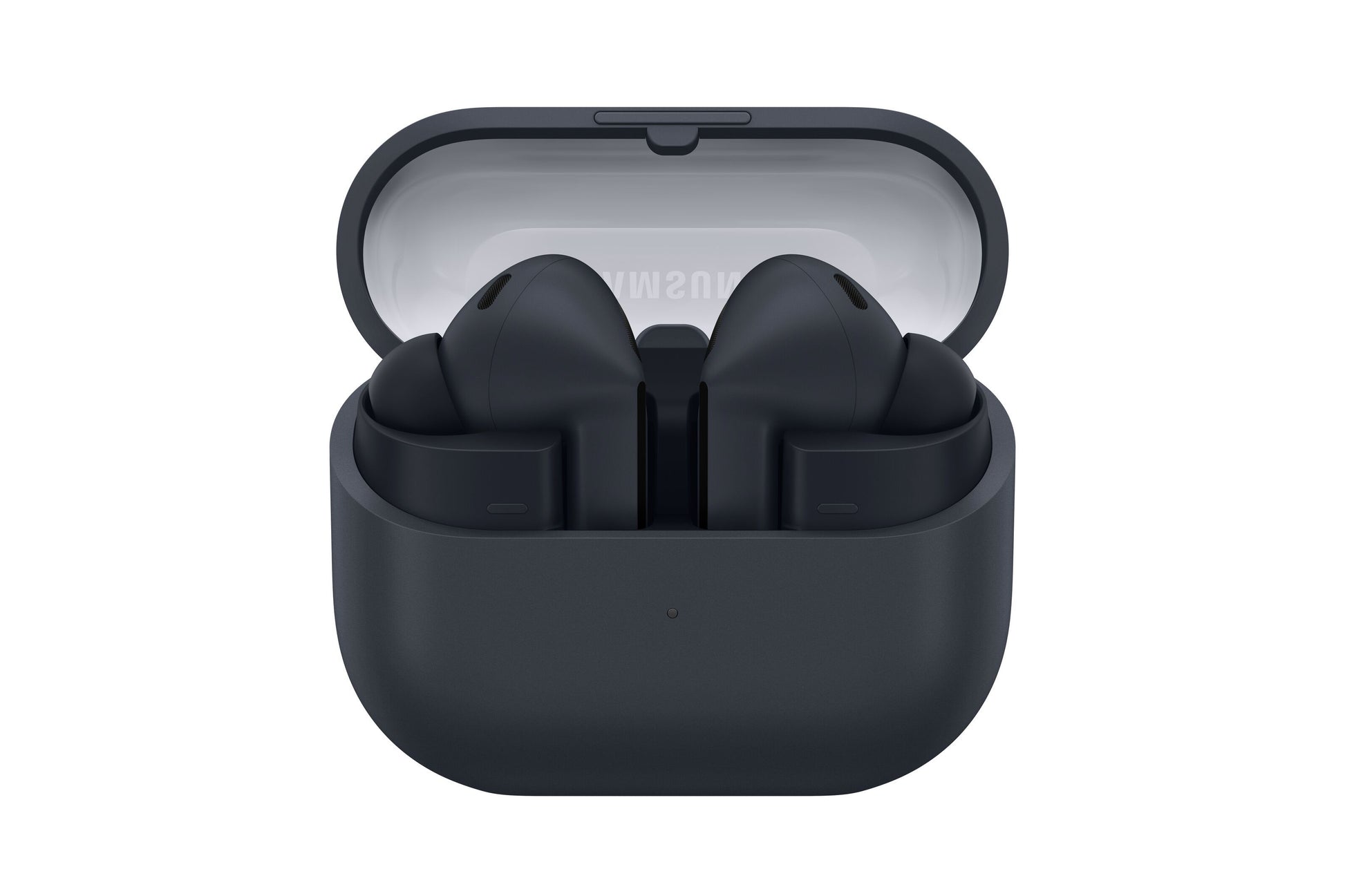 Samsung Galaxy Buds3 FE trådløse hovedtelefoner sorterer med aktiv støjreduktion i åben opladningsetui forfra.