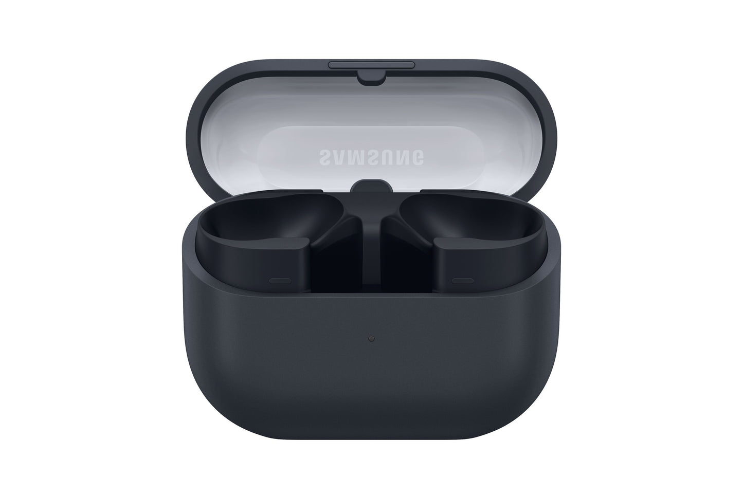 Samsung Galaxy Buds3 FE trådløse hovedtelefoner sort i åben mat opladningsetui med omvendt Samsung-logo, aktiv støjreduktion.