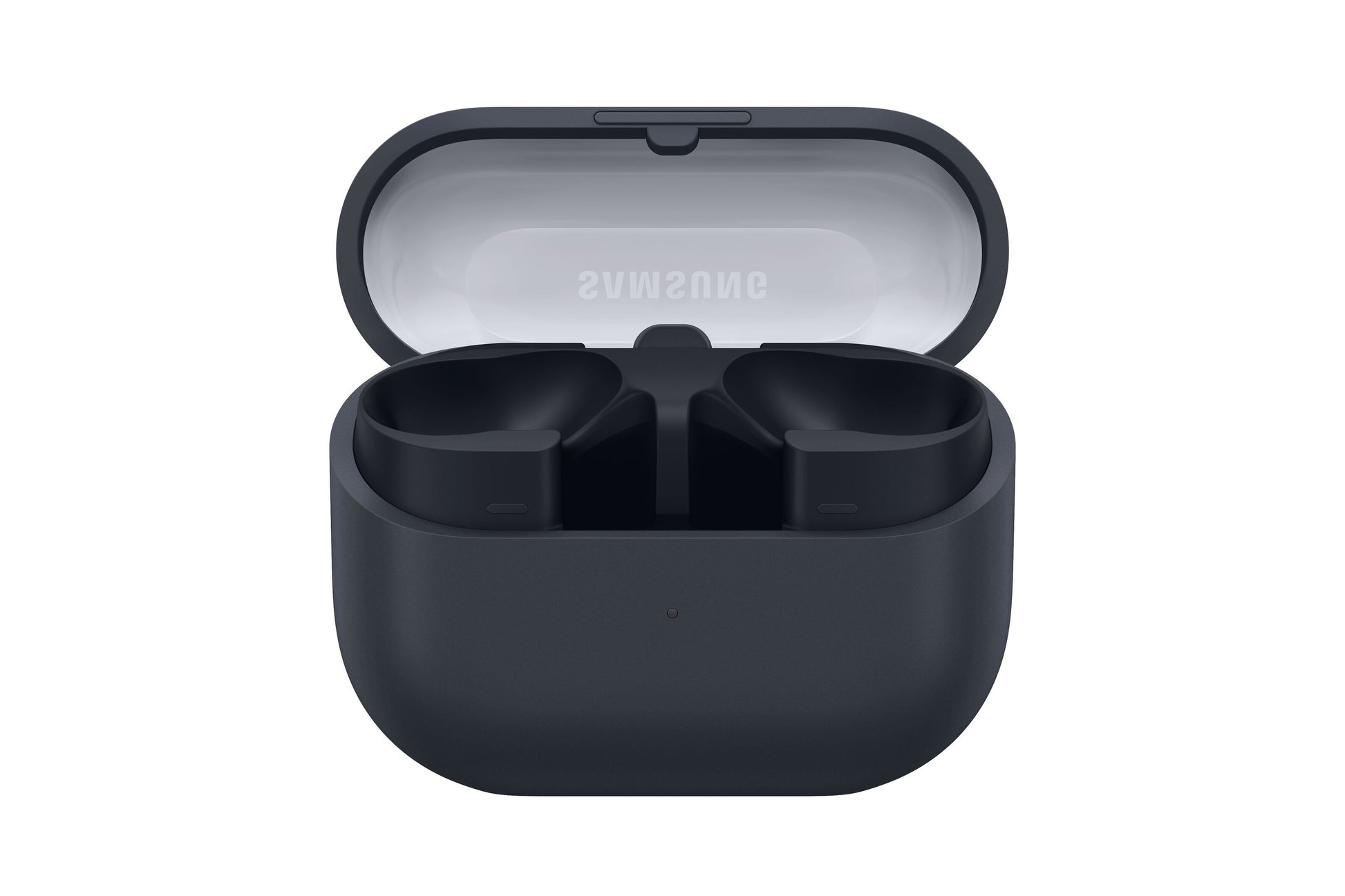 Samsung Galaxy Buds3 FE trådløse hovedtelefoner sort i åben mat opladningsetui med omvendt Samsung-logo, aktiv støjreduktion.