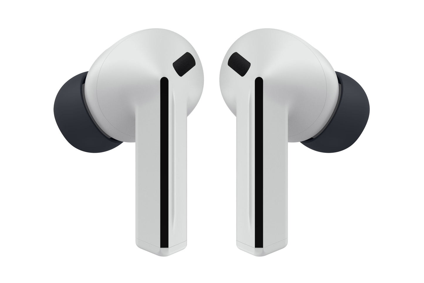Samsung Galaxy Buds3 FE trådløse øretelefoner grå med silikone ørepropper og aktiv støjreduktion forfra.