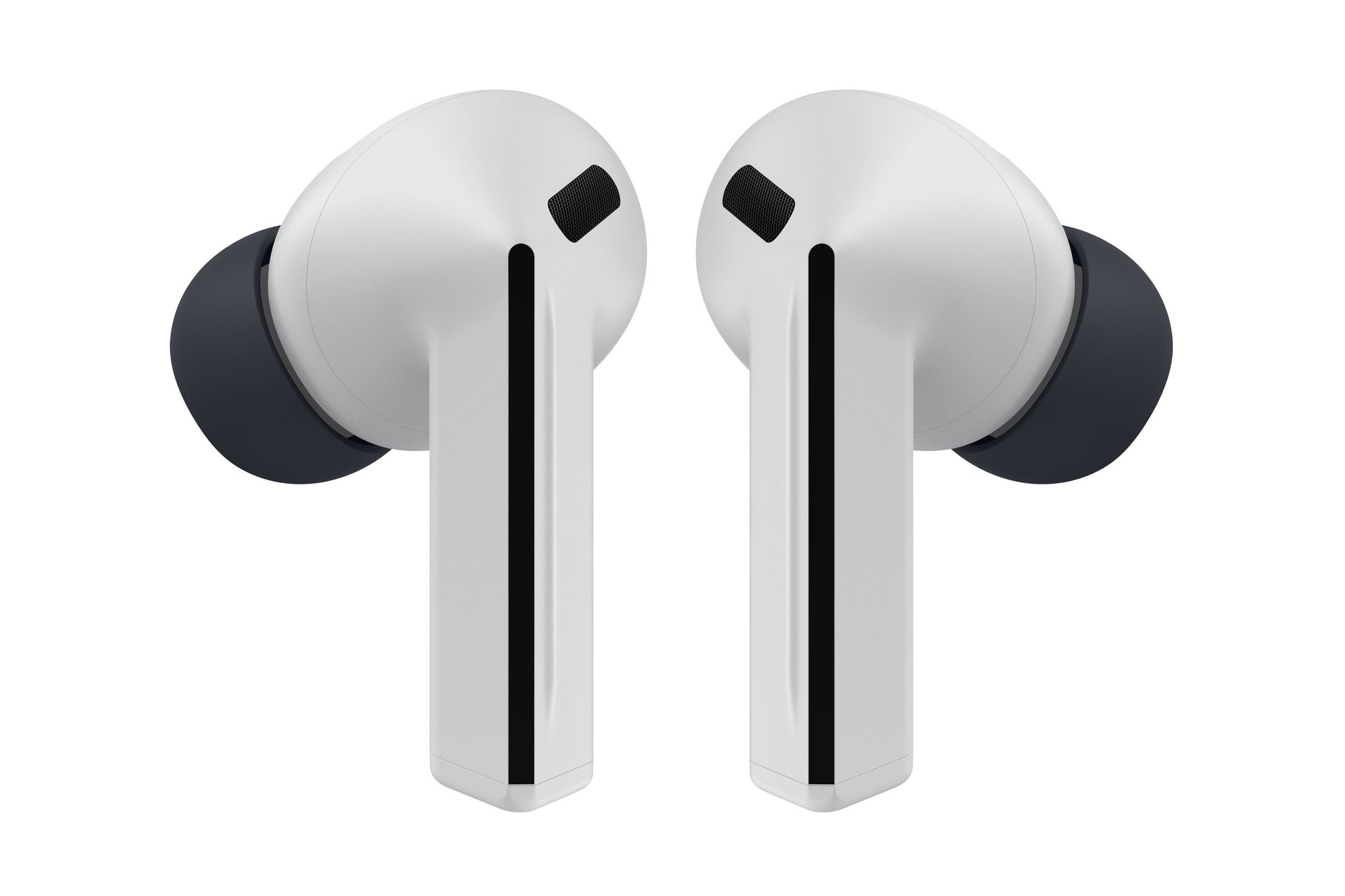 Samsung Galaxy Buds3 FE trådløse øretelefoner grå med silikone ørepropper og aktiv støjreduktion forfra.
