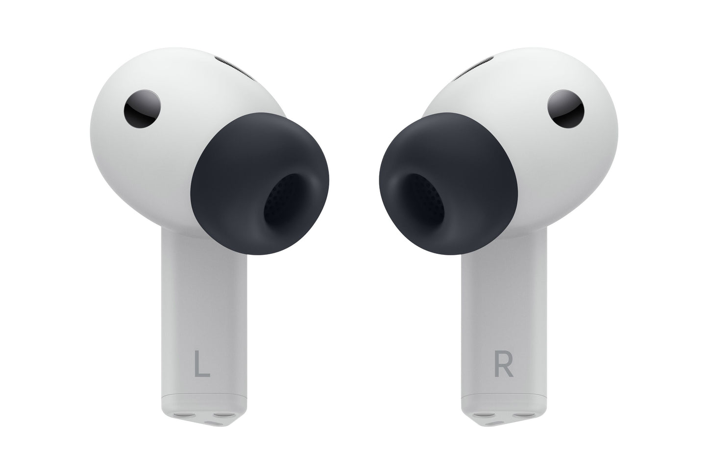 Samsung Galaxy Buds3 FE trådløse øretelefoner grå, sorte silikone øretipper, L og R mærke, aktiv støjreduktion.