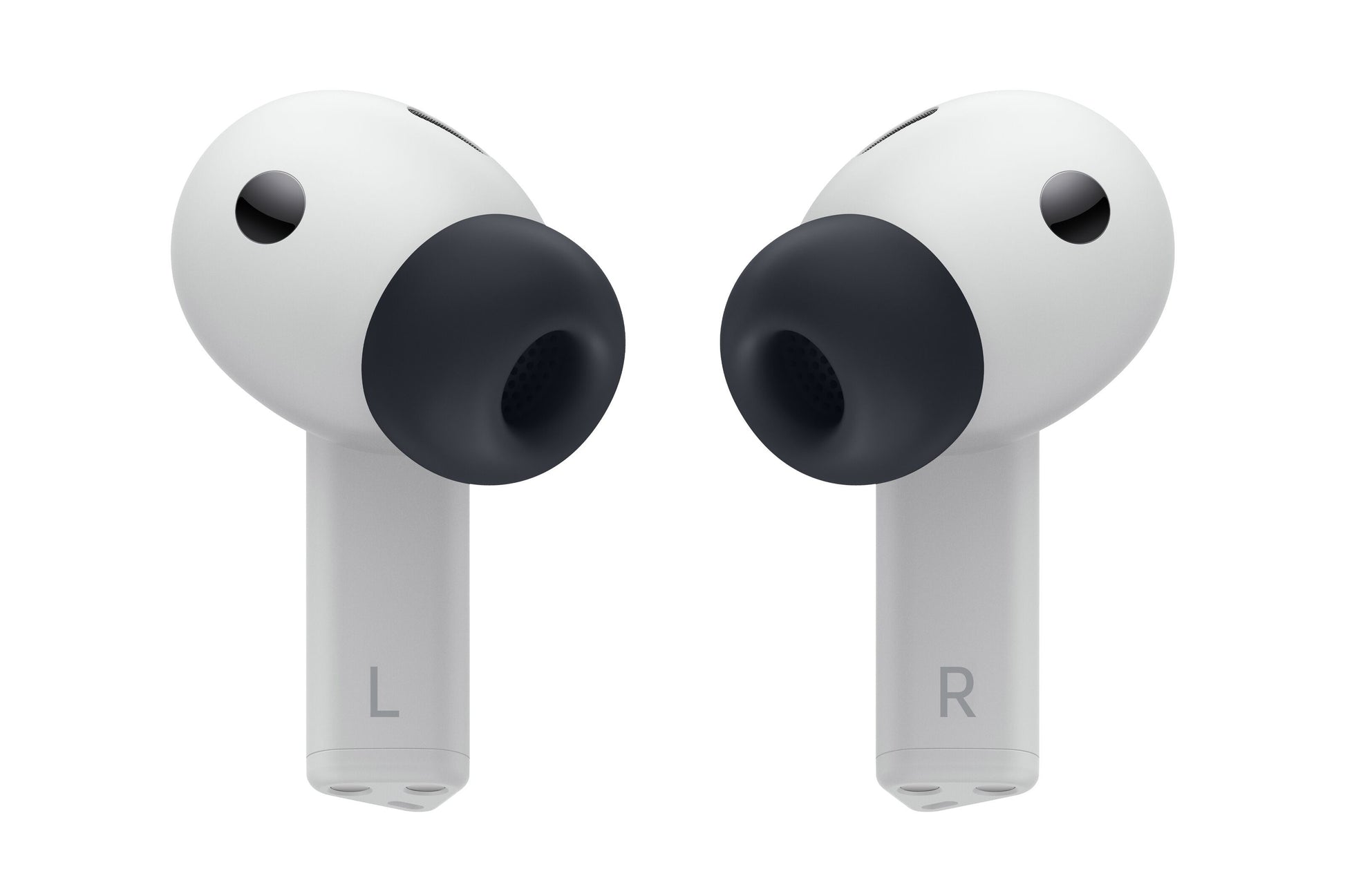 Samsung Galaxy Buds3 FE trådløse øretelefoner grå, sorte silikone øretipper, L og R mærke, aktiv støjreduktion.
