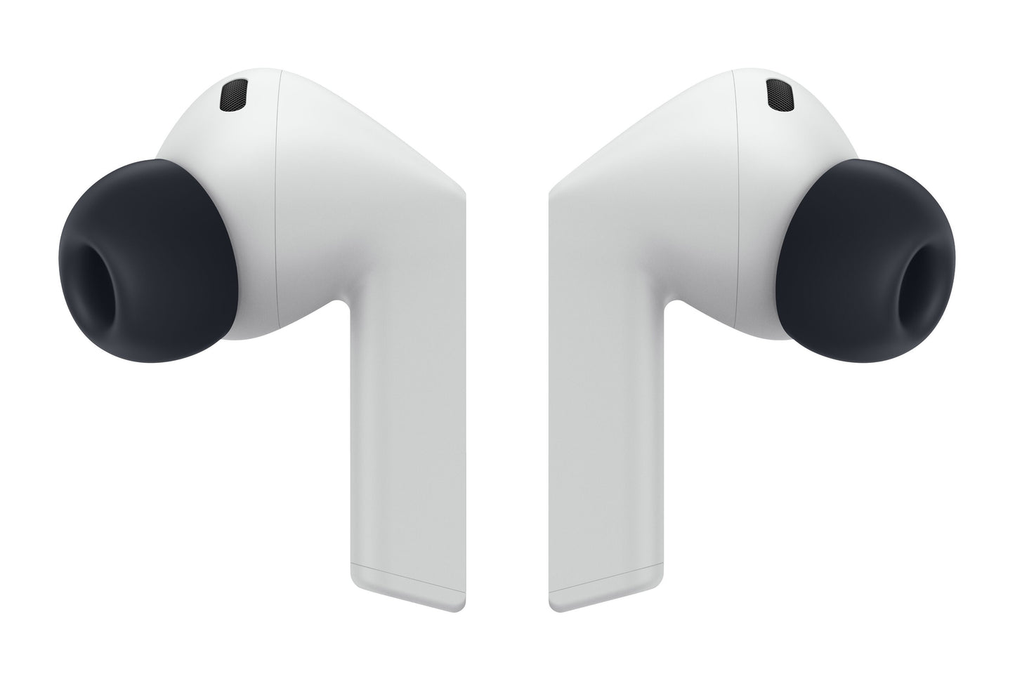 Samsung Galaxy Buds3 FE trådløse øretelefoner, grå med sorte ørepropper, vendt mod hinanden, aktiv støjreduktion.