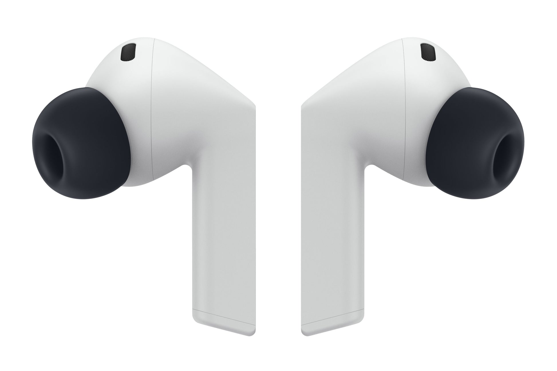 Samsung Galaxy Buds3 FE trådløse øretelefoner, grå med sorte ørepropper, vendt mod hinanden, aktiv støjreduktion.