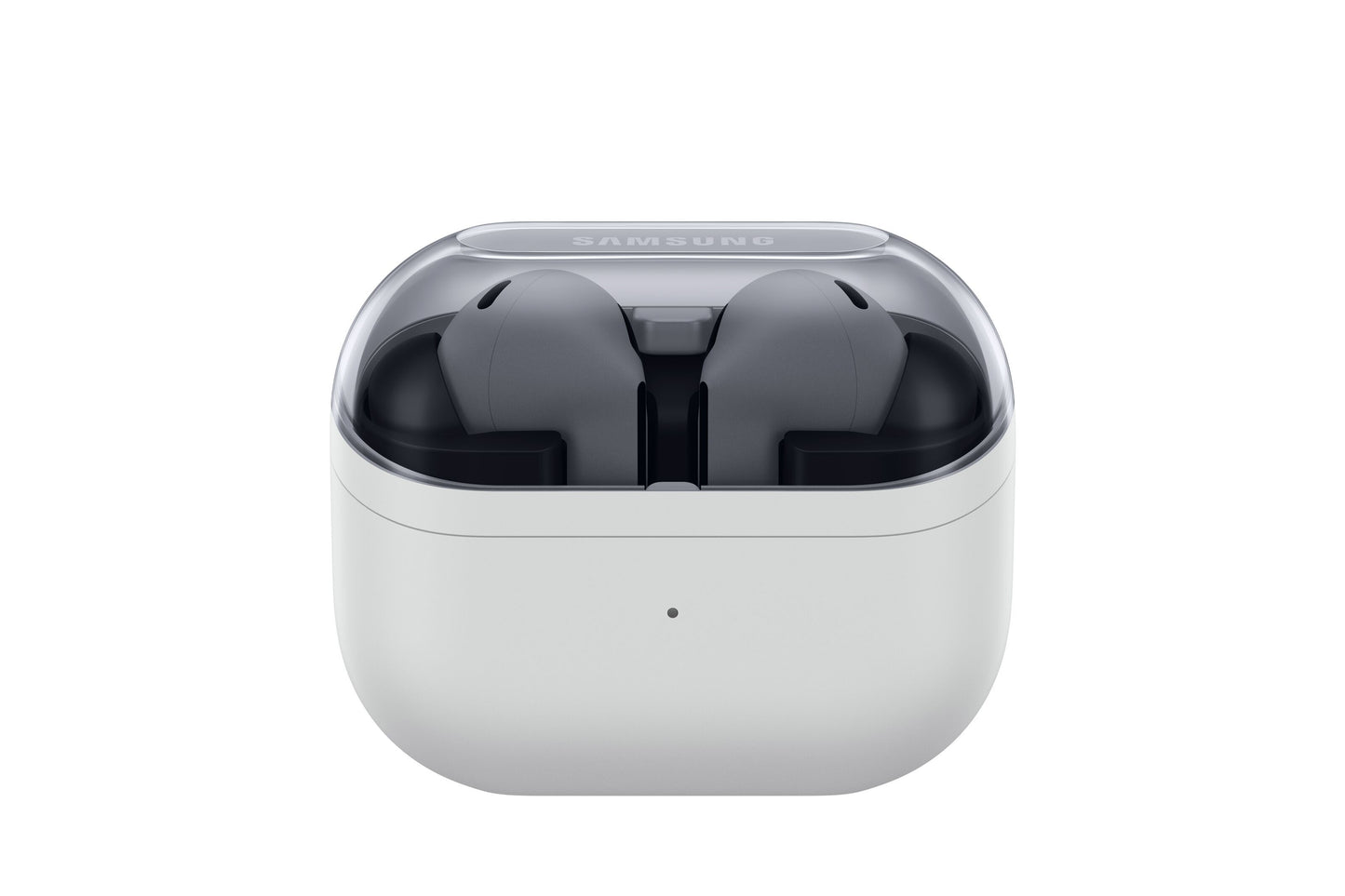 Samsung Galaxy Buds3 FE grå trådløse øretelefoner med aktiv støjreduktion i åben hvid opladeetui med transparent låg, frontview.