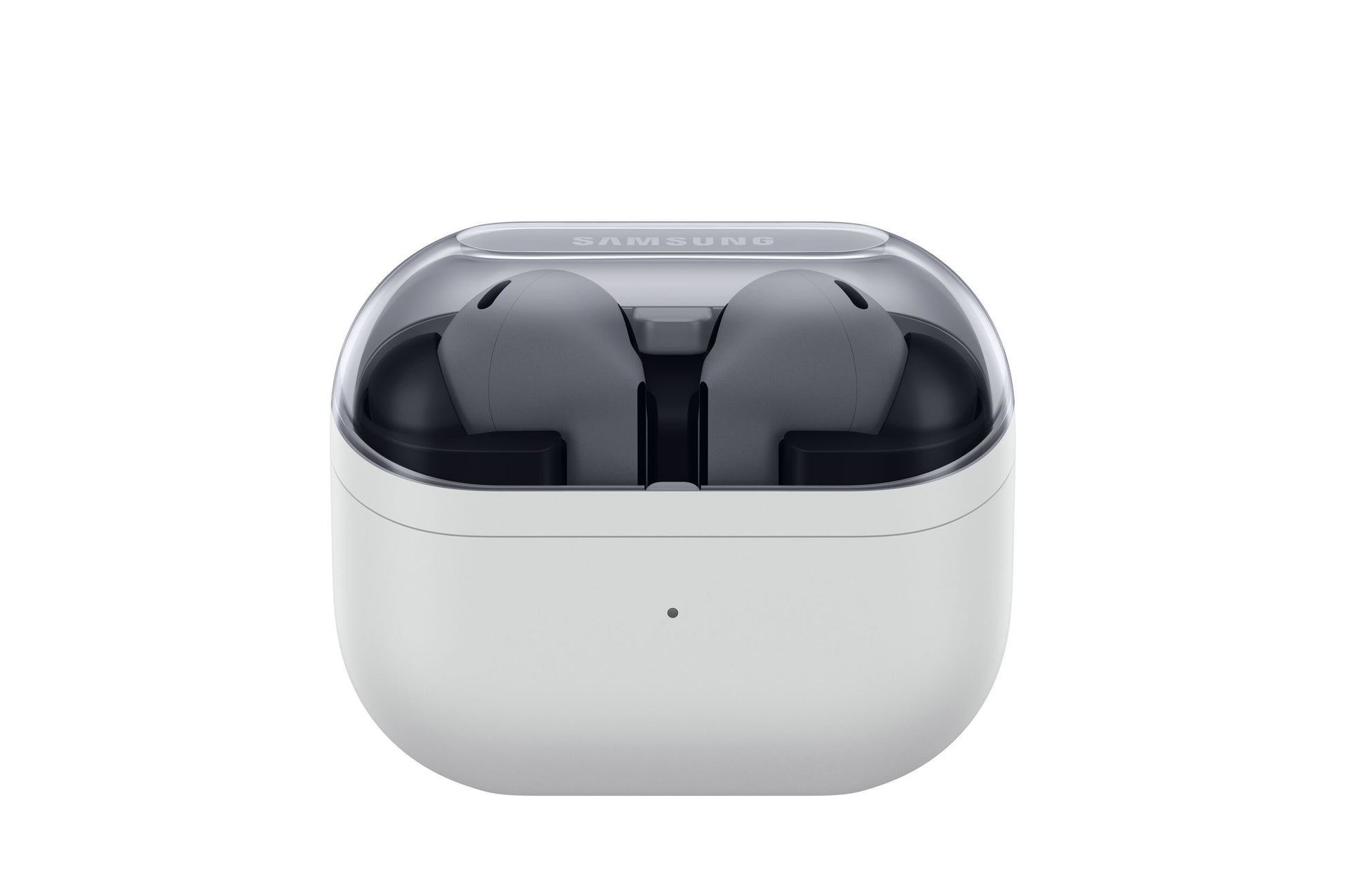 Samsung Galaxy Buds3 FE grå trådløse øretelefoner med aktiv støjreduktion i åben hvid opladeetui med transparent låg, frontview.