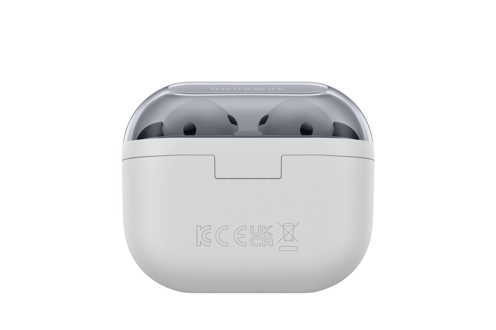 Samsung Galaxy Buds3 FE trådløse øretelefoner grå i hvid ladeetui med transparent låg og synlige mærkninger bagpå.