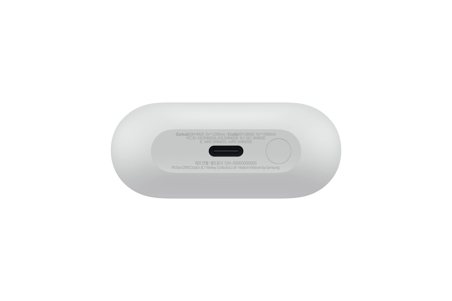 Samsung Galaxy Buds3 FE trådløse øretelefoner grå, oval bund med etiket og certificeringsmærker midt på undersiden.