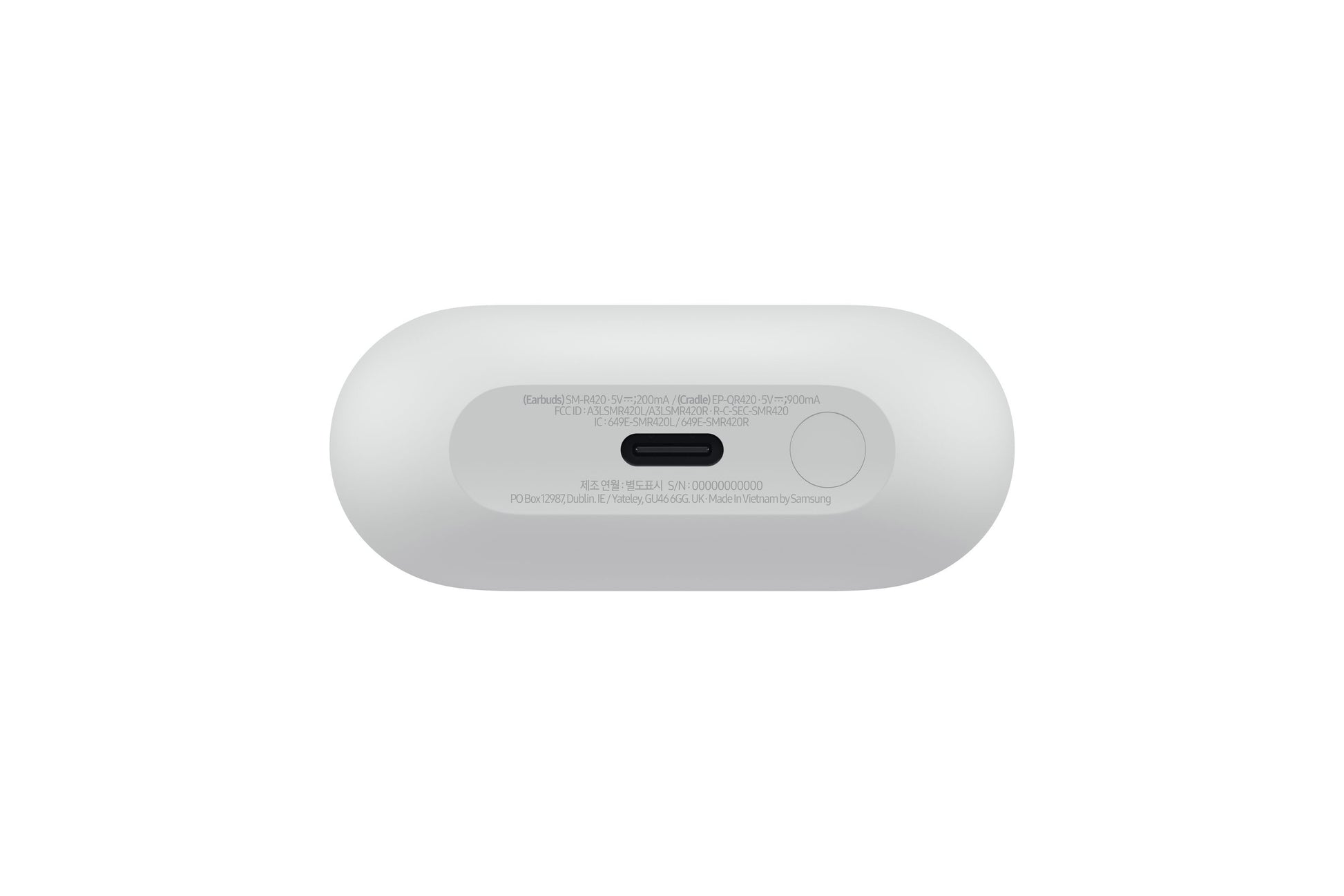 Samsung Galaxy Buds3 FE trådløse øretelefoner grå, oval bund med etiket og certificeringsmærker midt på undersiden.
