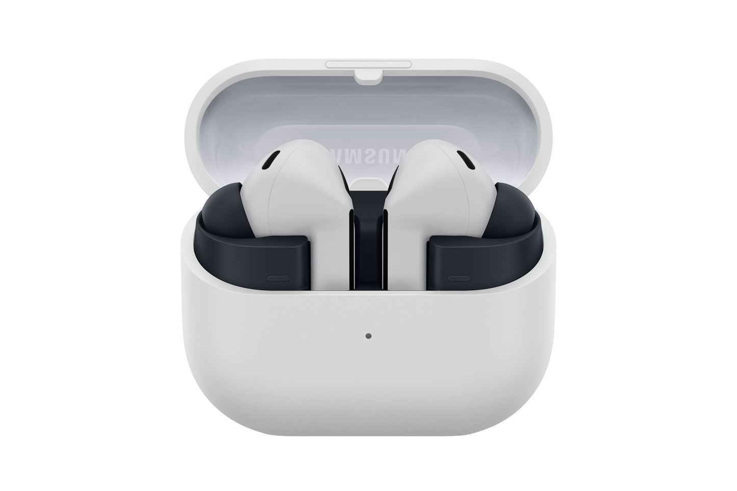 Samsung Galaxy Buds3 FE trådløse øretelefoner grå, forfra i åbent hvidt opladeetui.