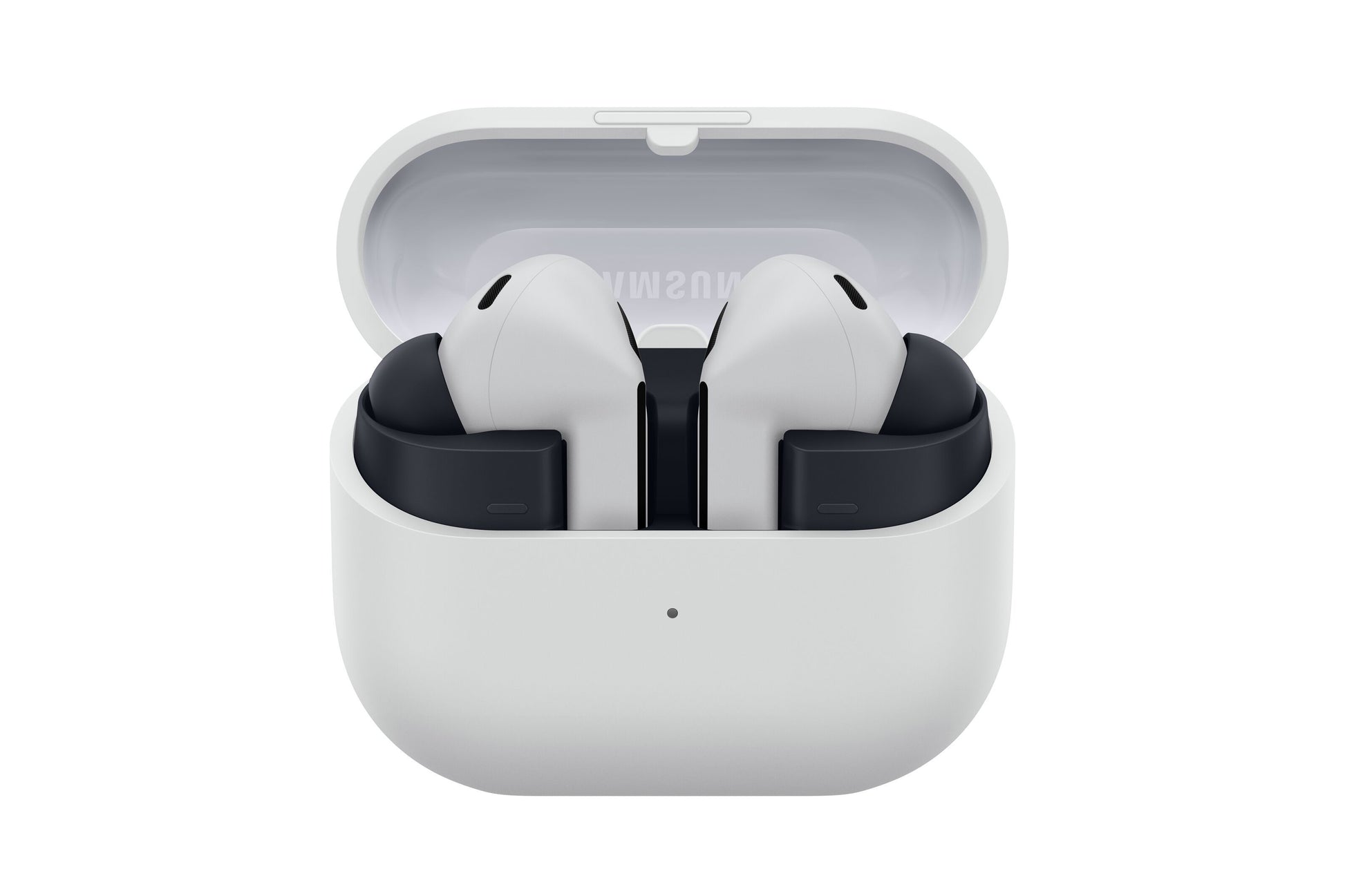 Samsung Galaxy Buds3 FE trådløse øretelefoner grå, forfra i åbent hvidt opladeetui.