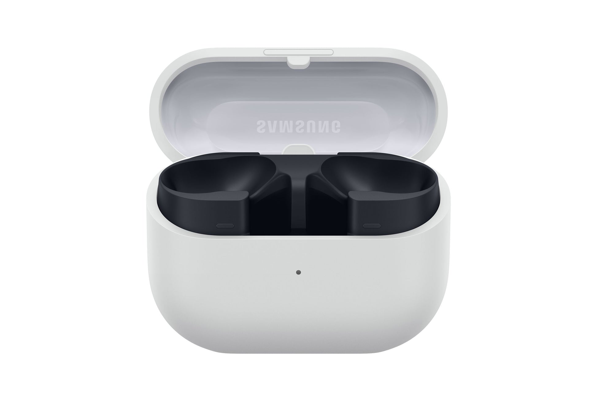 Samsung Galaxy Buds3 FE trådløse øretelefoner grå i åben hvid opladeetui med SAMSUNG-logo i låget.