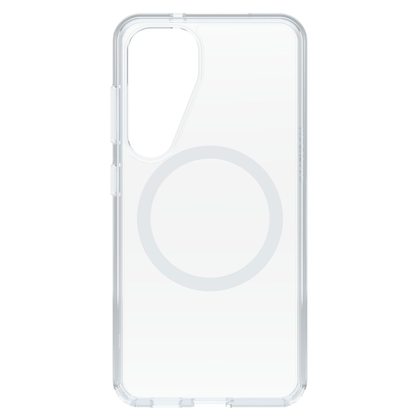 Otterbox Symmetry cover til Galaxy S25 klar med cirkulær MagSafe-alignment og udskæringer til kamera og knapper.