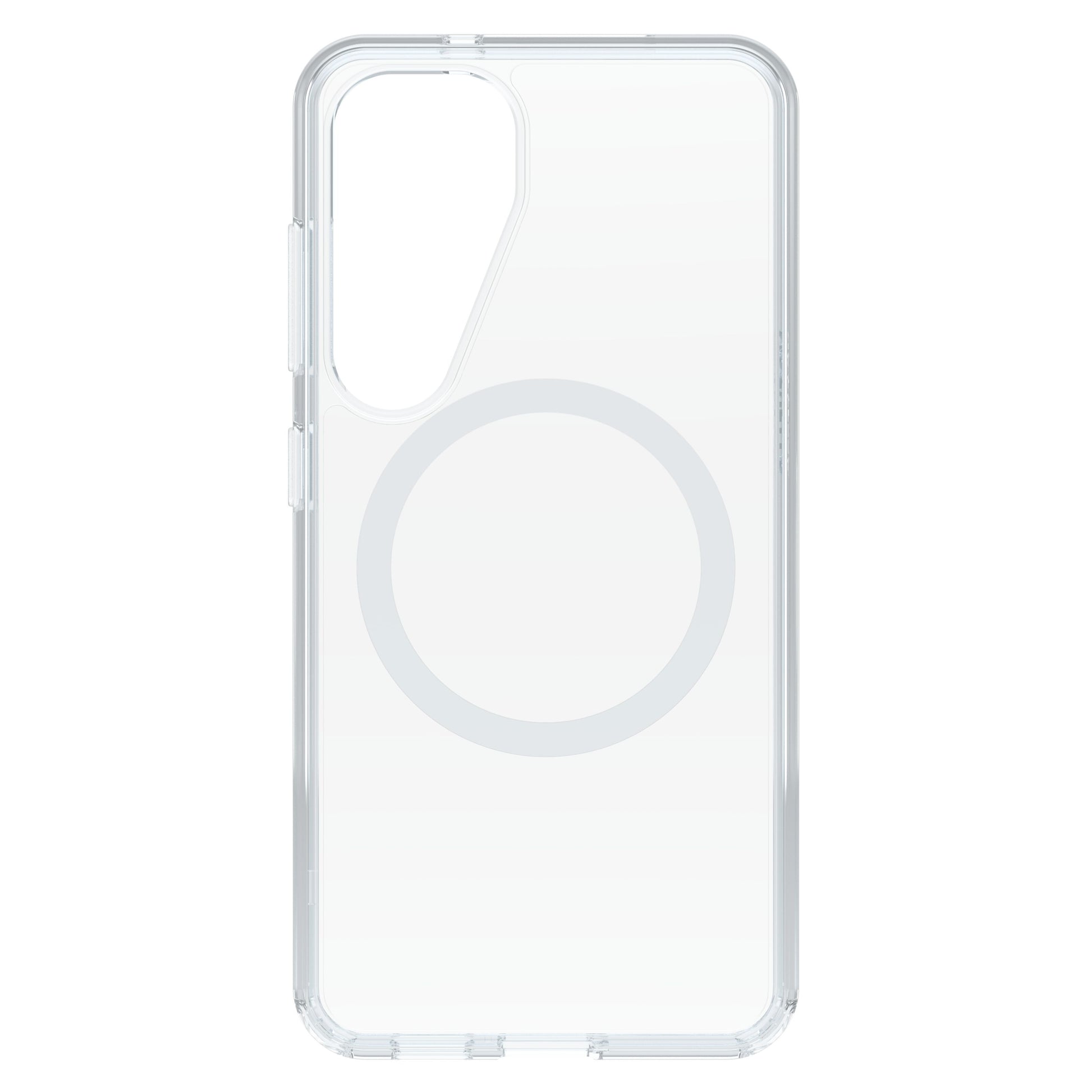 Otterbox Symmetry cover til Galaxy S25 klar med cirkulær MagSafe-alignment og udskæringer til kamera og knapper.
