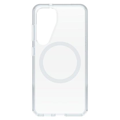 Otterbox Symmetry cover til Galaxy S25 klar med cirkulær MagSafe-alignment og udskæringer til kamera og knapper.