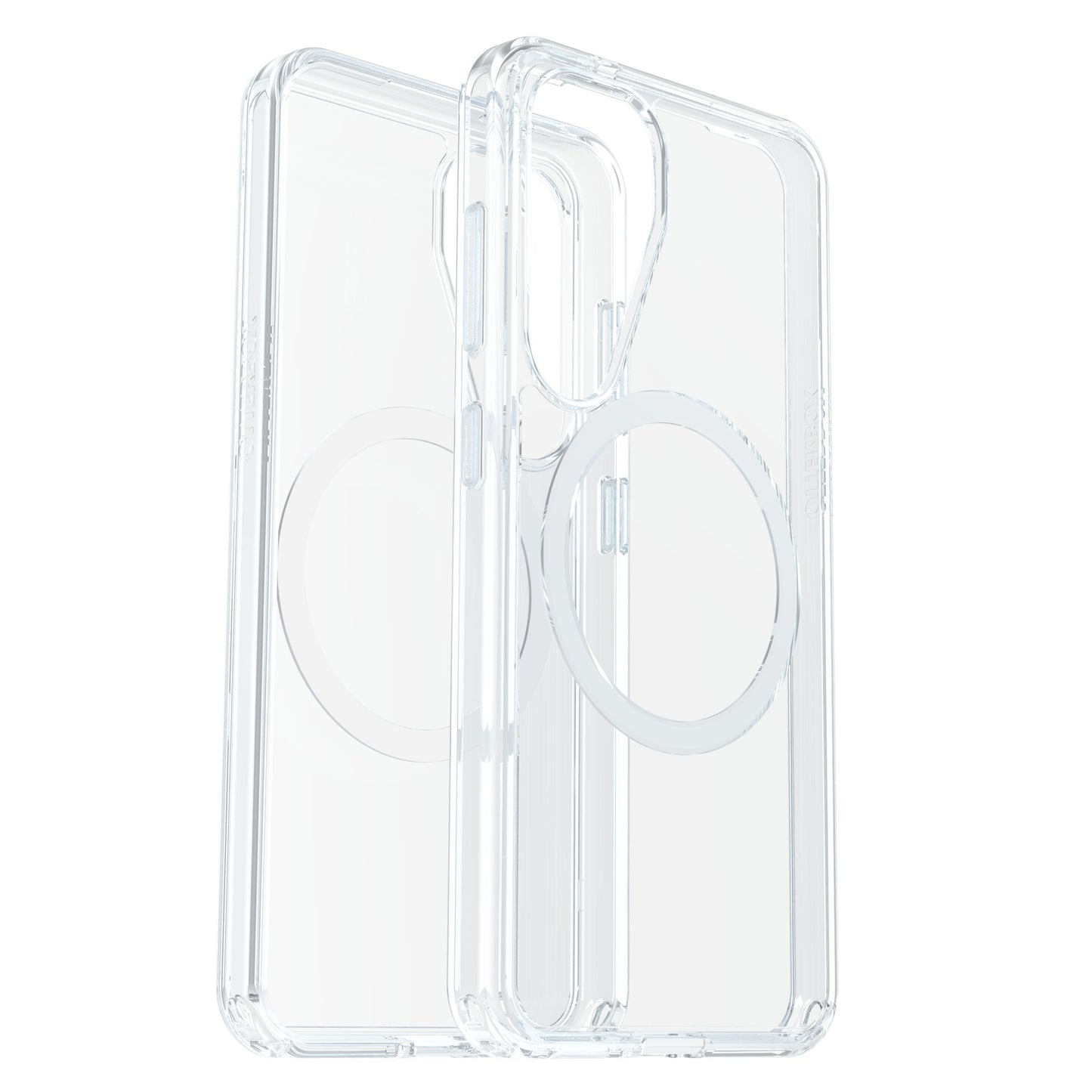 Otterbox Symmetry Galaxy S25 klar cover med MagSafe ring, slankt hardcase og forstærkede hjørner, bagside synlig.