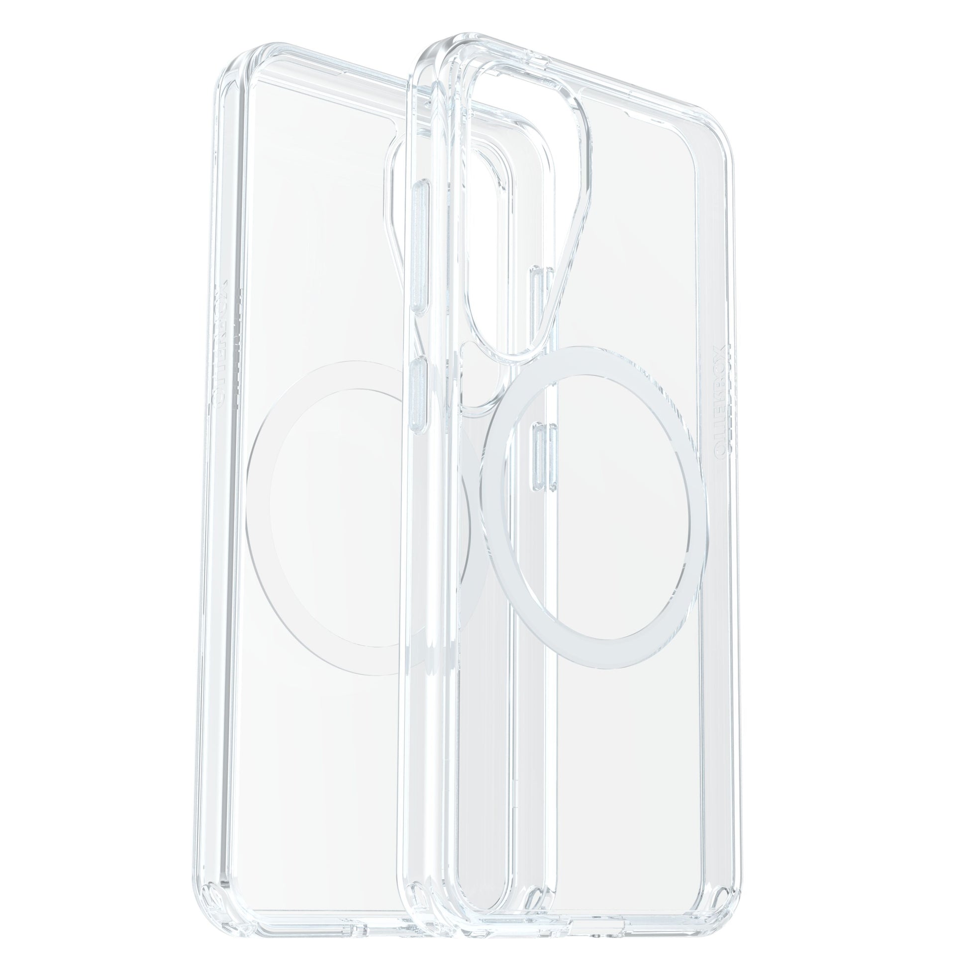 Otterbox Symmetry Galaxy S25 klar cover med MagSafe ring, slankt hardcase og forstærkede hjørner, bagside synlig.