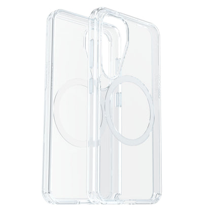 Otterbox Symmetry Galaxy S25 klar cover med MagSafe ring, slankt hardcase og forstærkede hjørner, bagside synlig.