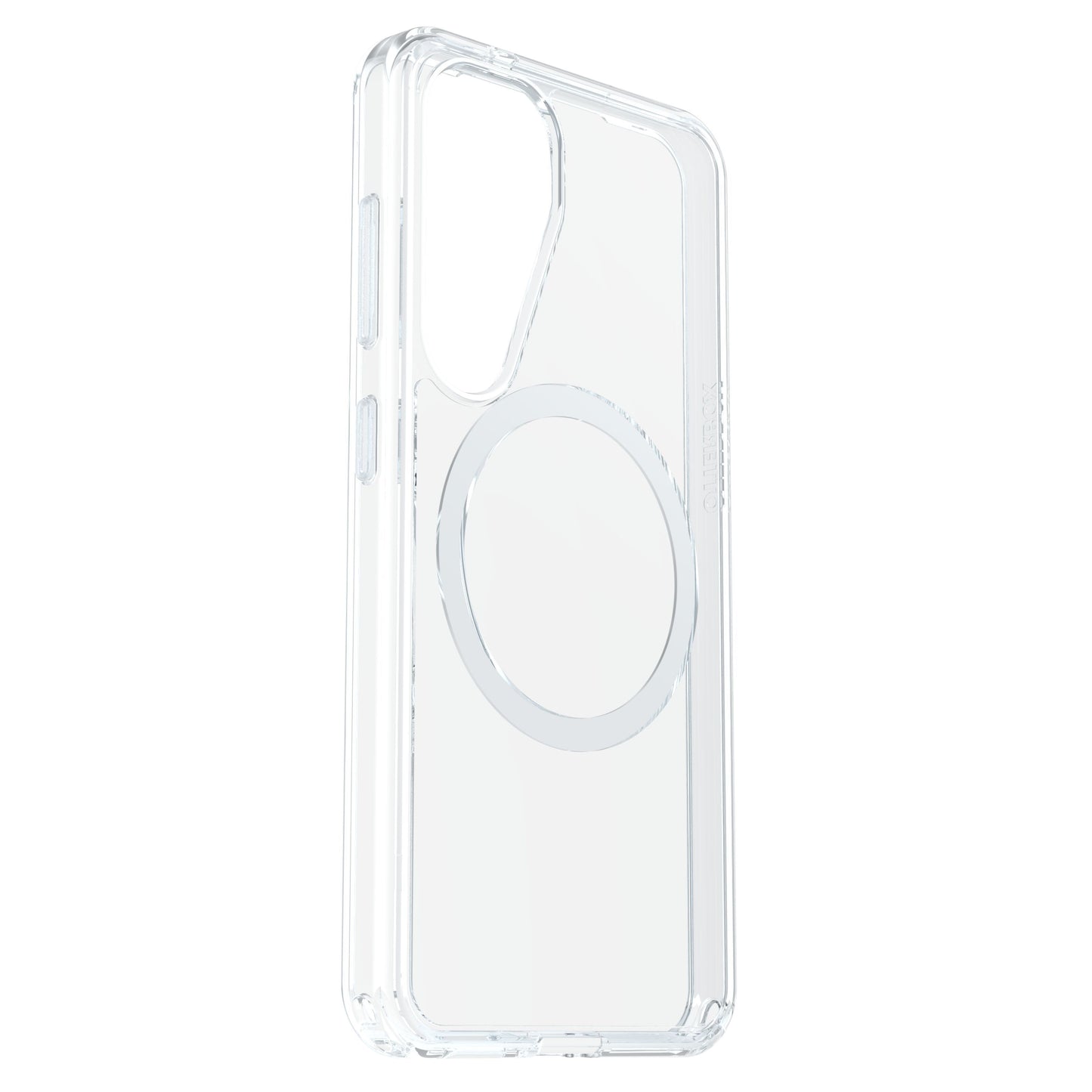 Otterbox Symmetry cover til Galaxy S25 Klar gennemsigtig med forstærkede kanter og MagSafe-kompatibel ring.