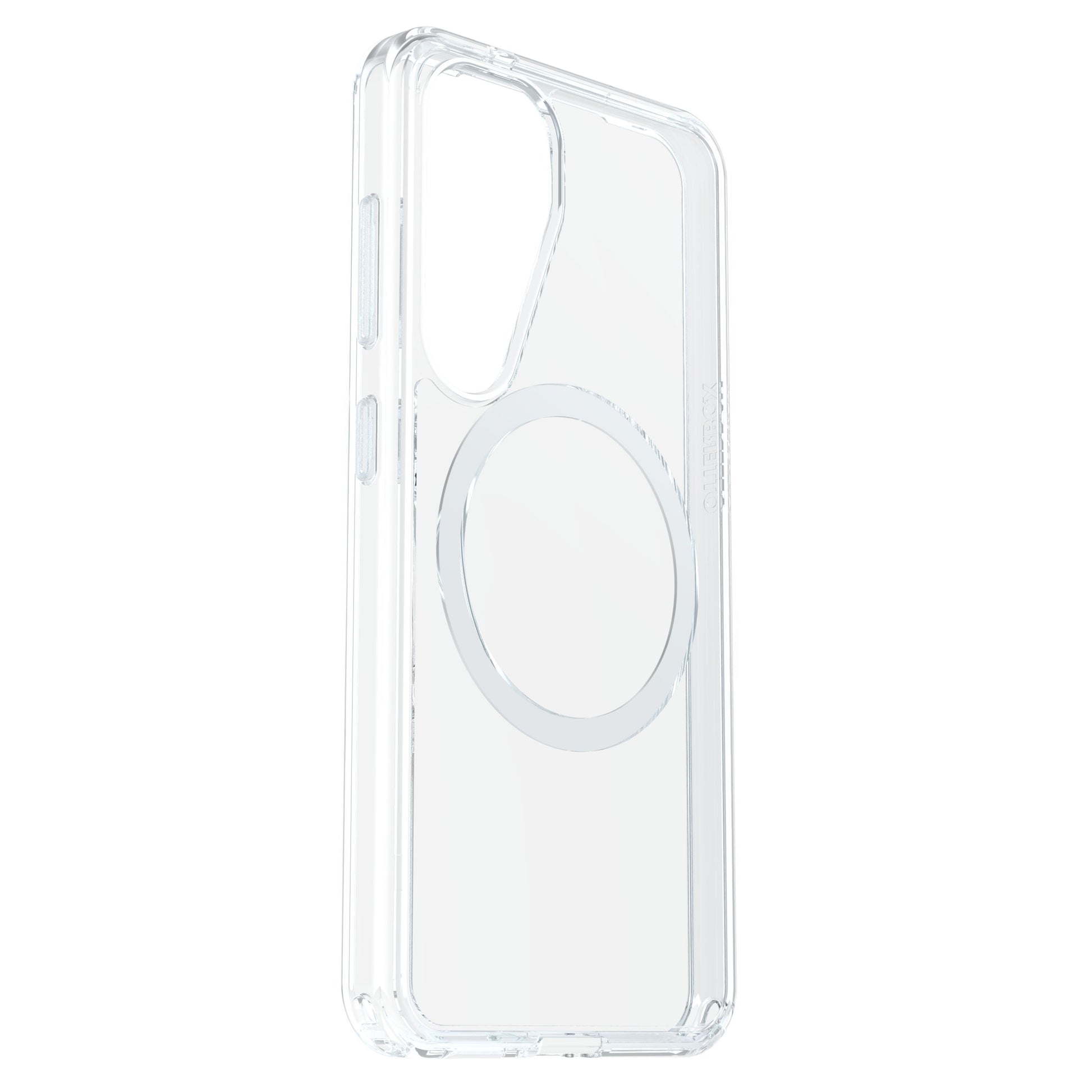 Otterbox Symmetry cover til Galaxy S25 Klar gennemsigtig med forstærkede kanter og MagSafe-kompatibel ring.