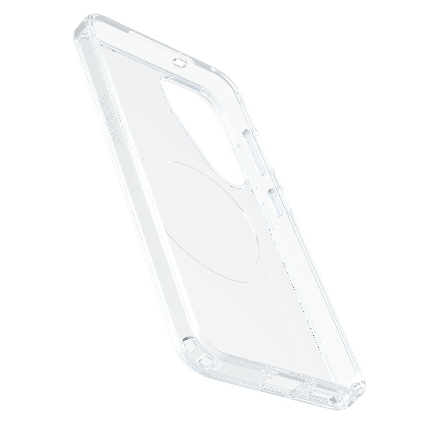 Otterbox Symmetry Galaxy S25 klar cover med gennemsigtig beskyttelse, præcise udskæringer og cirkulært mønster bagpå.