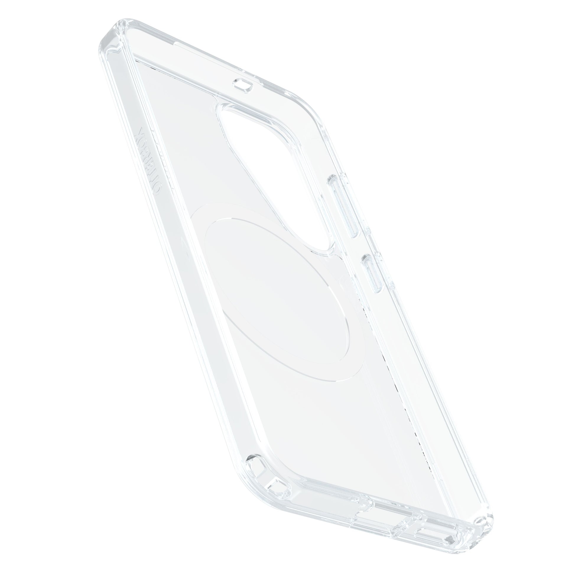 Otterbox Symmetry Galaxy S25 klar cover med gennemsigtig beskyttelse, præcise udskæringer og cirkulært mønster bagpå.