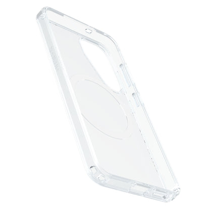 Otterbox Symmetry Galaxy S25 klar cover med gennemsigtig beskyttelse, præcise udskæringer og cirkulært mønster bagpå.