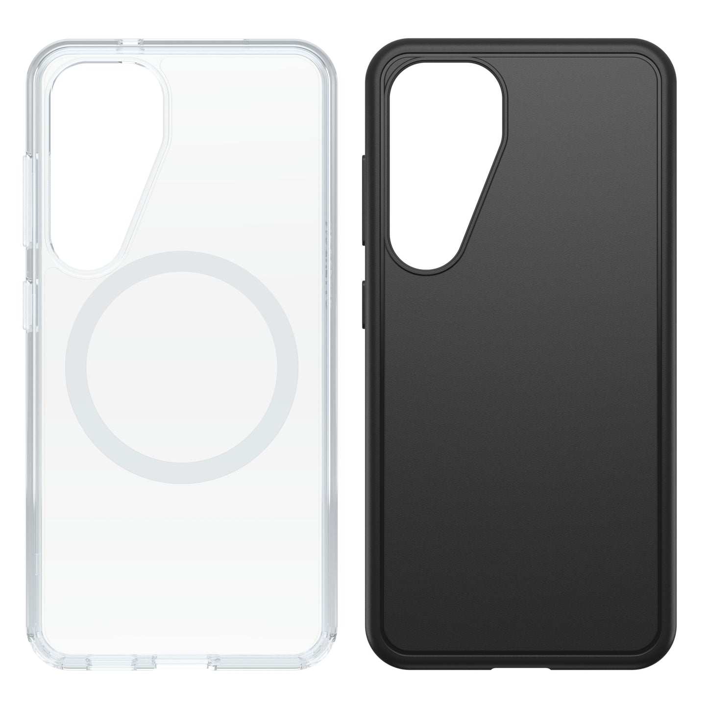 Otterbox Symmetry covers til Galaxy S25, gennemsigtig med cirkeldesign og sort, stød- og faldsikre, store kamerahuller.