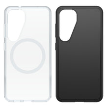 Otterbox Symmetry covers til Galaxy S25, gennemsigtig med cirkeldesign og sort, stød- og faldsikre, store kamerahuller.