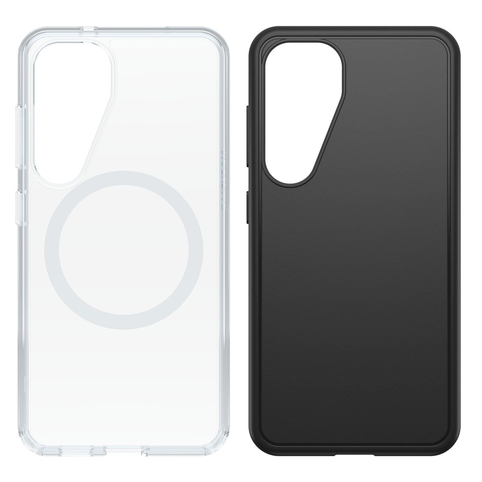 Samsung Galaxy S25 Symmetry cover klar med MagSafe-ring og sort mat, store kameraudskæringer, begge med ekstra beskyttelse.