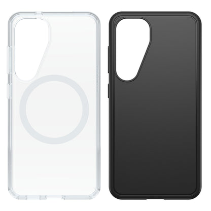 Samsung Galaxy S25 Symmetry cover klar med MagSafe-ring og sort mat, store kameraudskæringer, begge med ekstra beskyttelse.