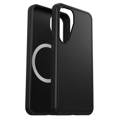 Otterbox Symmetry cover Galaxy S25 sort, ét med enkelt design, ét med indvendig MagSafe-kompatibel ring.