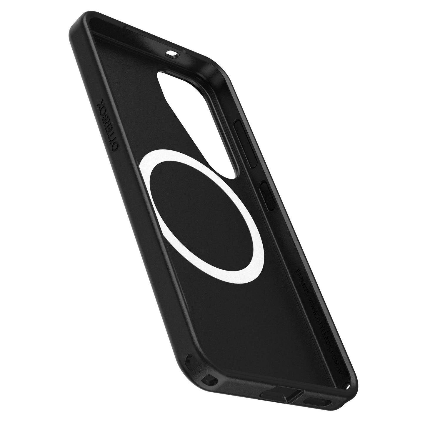 Otterbox Symmetry cover til Galaxy S25 sort, viser inderside med hvid cirkel og præcise udskæringer til knapper, kamera, porte.