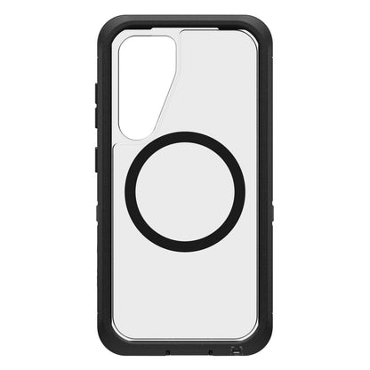Otterbox Defender klar cover til Samsung S25 med sort cirkeldetalje i midten og kamerahul øverst til venstre.
