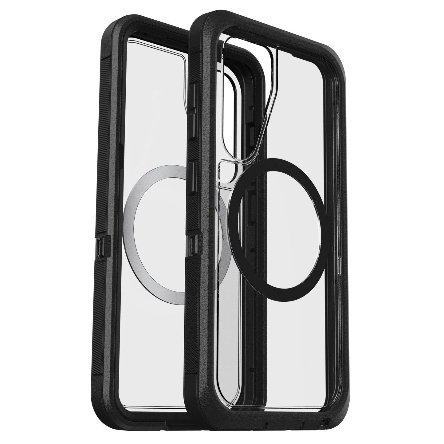 Otterbox Defender klar cover til Samsung S25, sorte kanter, indbygget rund MagSafe-ring, gennemsigtigt design.