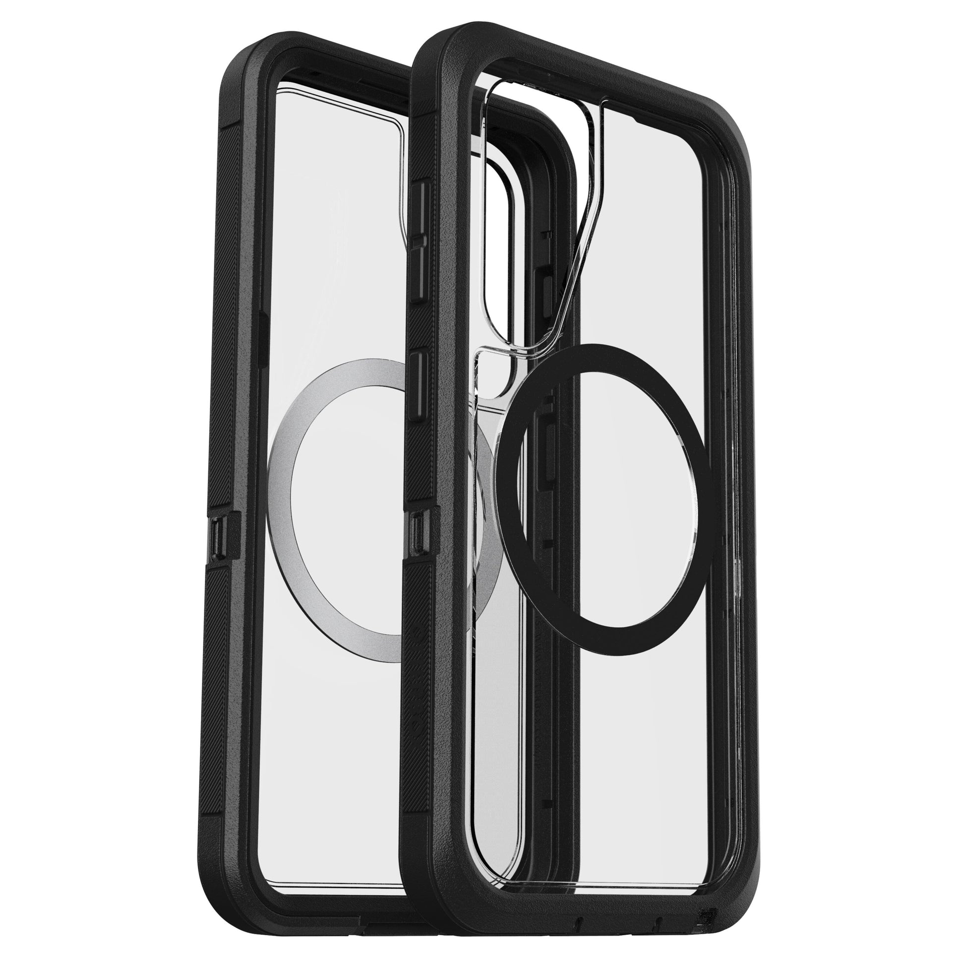 Otterbox Defender klar cover til Samsung S25, sorte kanter, indbygget rund MagSafe-ring, gennemsigtigt design.