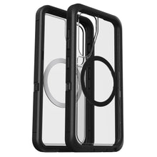 Otterbox Defender klar cover til Samsung S25, sorte kanter, indbygget rund MagSafe-ring, gennemsigtigt design.