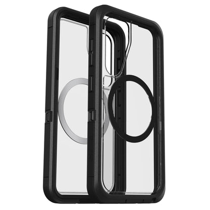 Otterbox Defender klar cover til Samsung S25, sorte kanter, indbygget rund MagSafe-ring, gennemsigtigt design.
