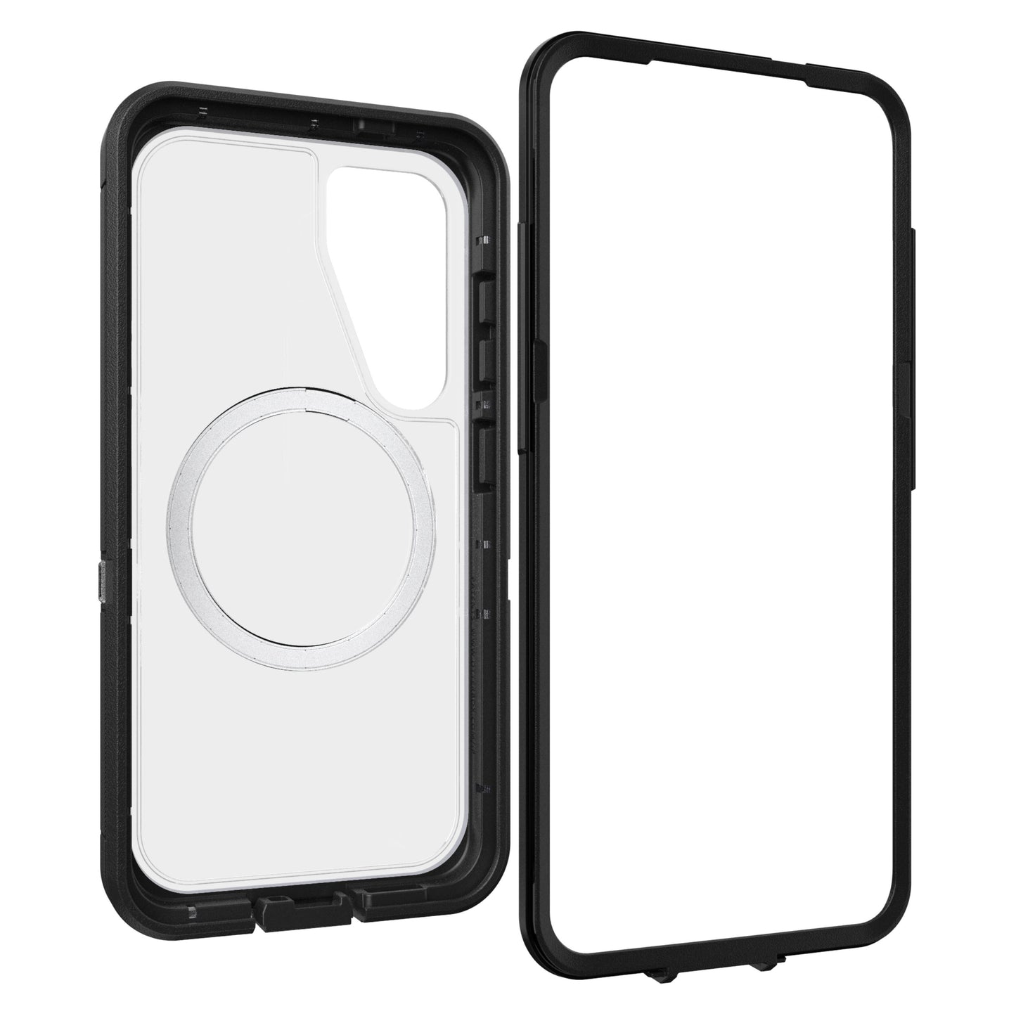 Otterbox Defender Klar Tåligt skal til Samsung S25, sort ramme m. skærmbeskyttelse, MagSafe-ring og kamerahul.