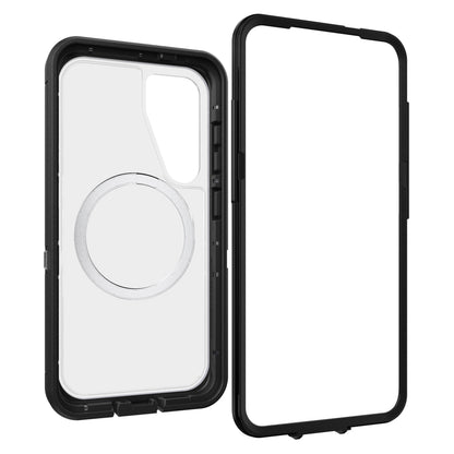 Otterbox Defender Klar Tåligt skal til Samsung S25, sort ramme m. skærmbeskyttelse, MagSafe-ring og kamerahul.
