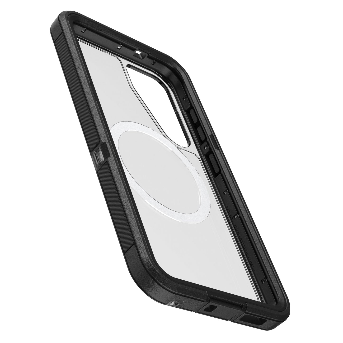 Otterbox Defender Klar cover til Samsung S25, sort ramme, gennemsigtig bagside, rund MagSafe-magnetring.
