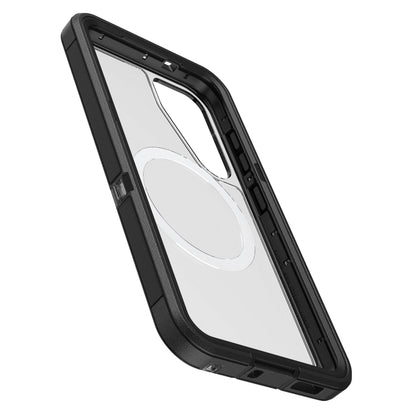 Otterbox Defender Klar cover til Samsung S25, sort ramme, gennemsigtig bagside, rund MagSafe-magnetring.