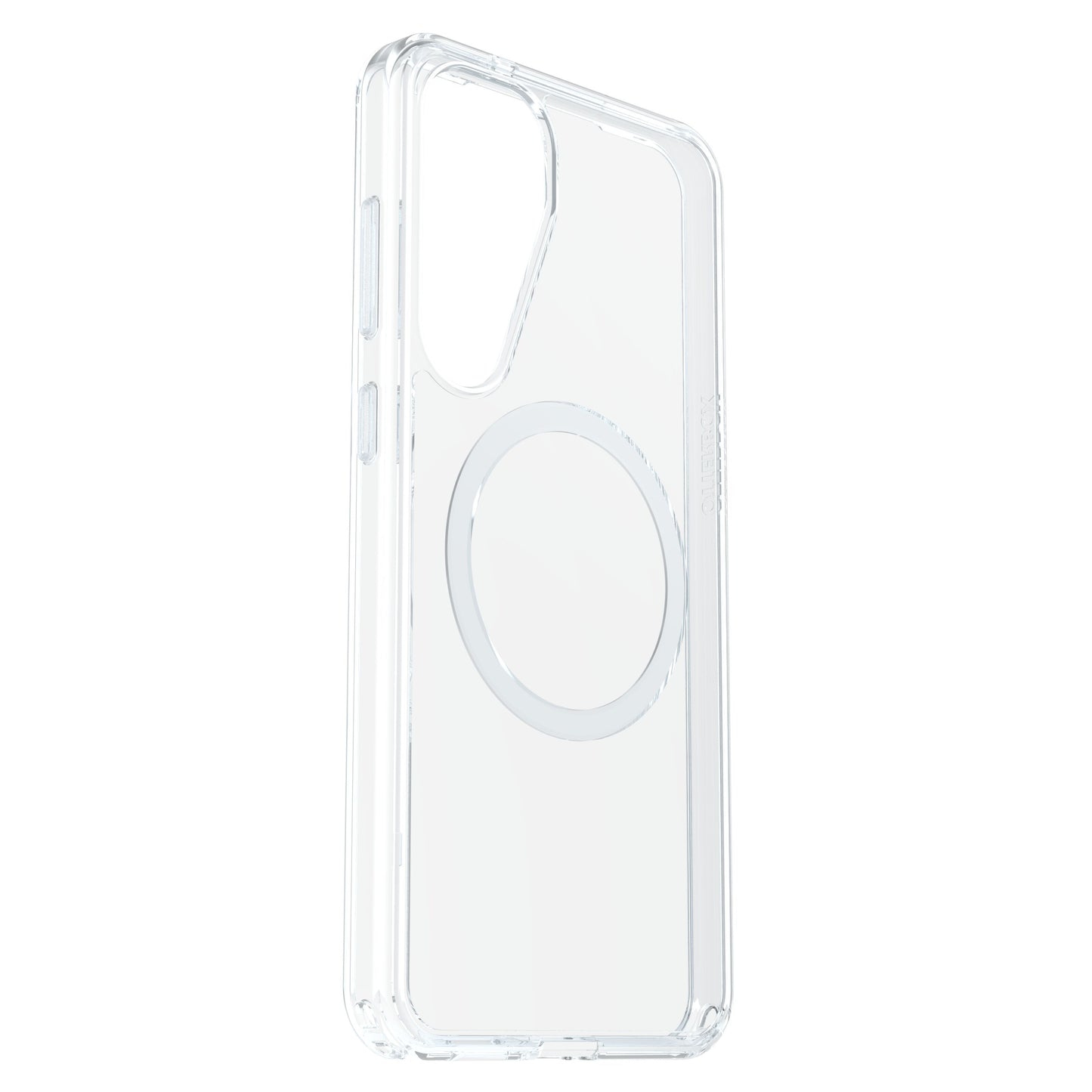 Otterbox Symmetry cover til Galaxy S25 Plus klar model militærbeskyttelse vist fra vinkel.