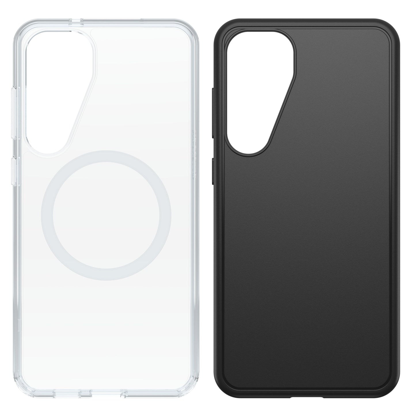 Clear Galaxy S25 Plus cover med cirkulært mønster og sort Symmetry cover til Galaxy S25 Plus, begge med store kamerahuller.