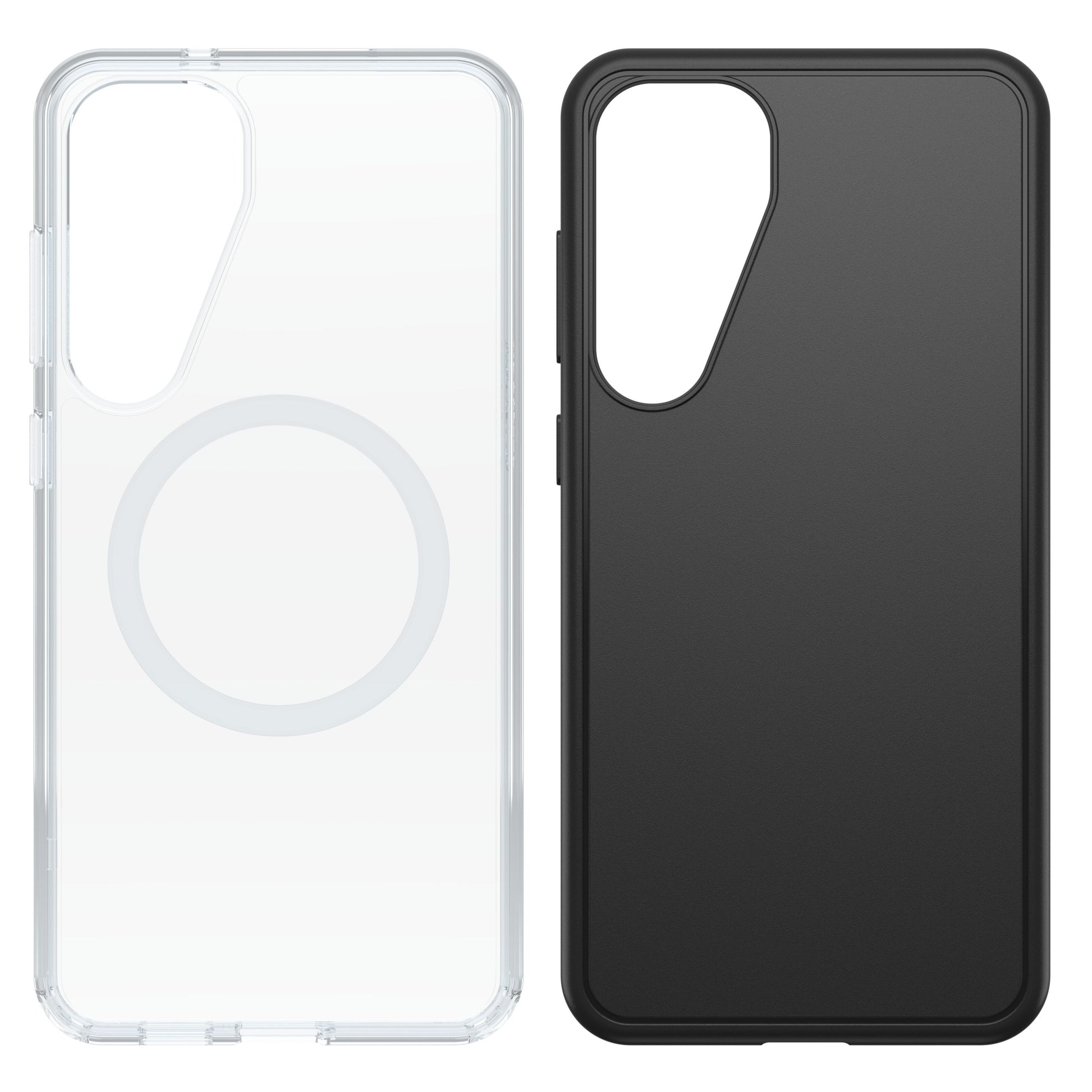 Clear Galaxy S25 Plus cover med cirkulært mønster og sort Symmetry cover til Galaxy S25 Plus, begge med store kamerahuller.