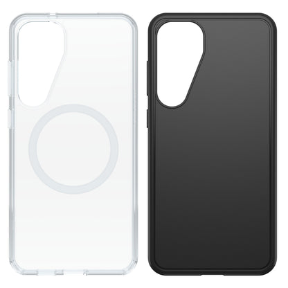 Clear Galaxy S25 Plus cover med cirkulært mønster og sort Symmetry cover til Galaxy S25 Plus, begge med store kamerahuller.