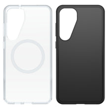 Symmetry cover til Galaxy S25 Plus, klar med cirkeldesign og sort, begge med stor kameraudskæring øverst til venstre.
