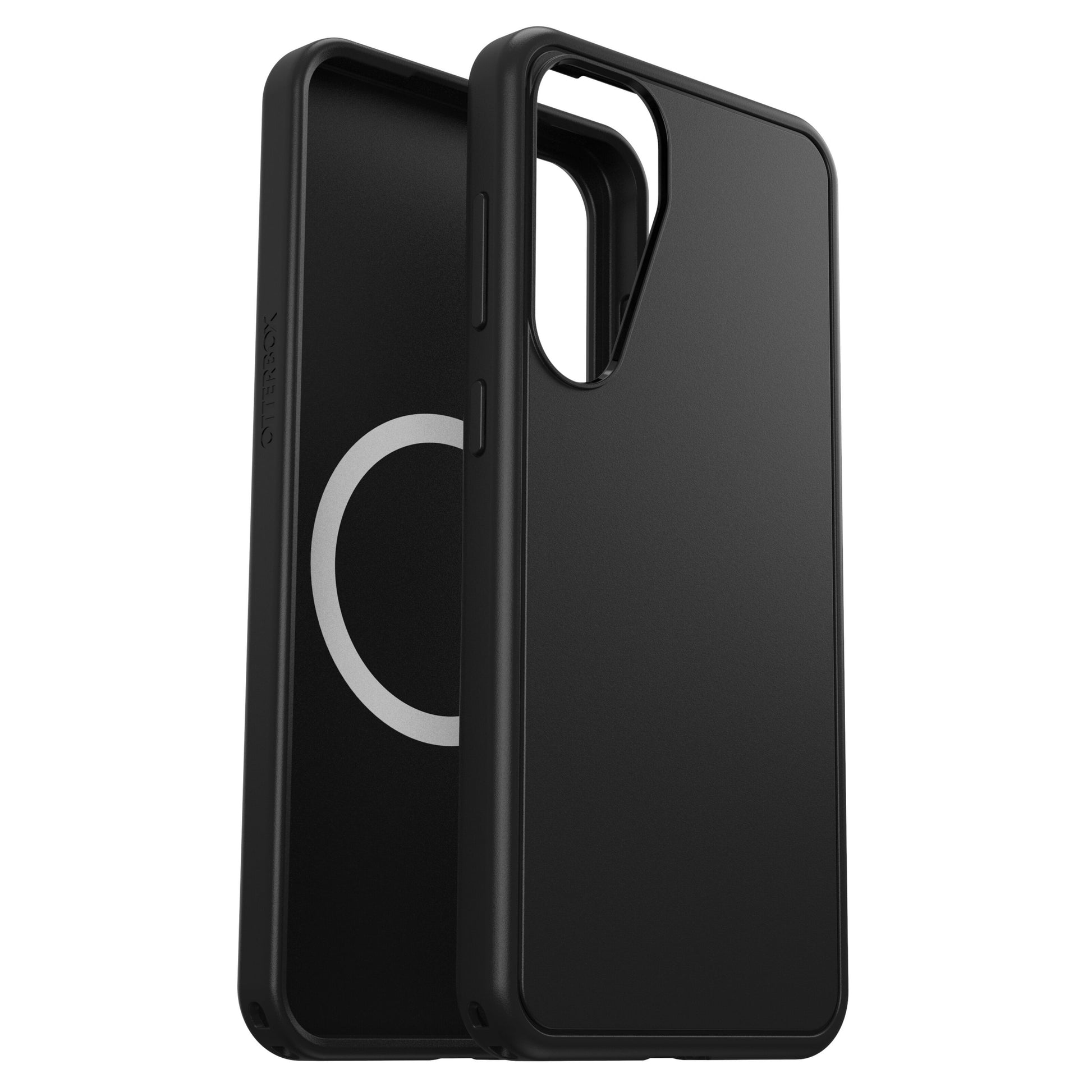 Otterbox Symmetry cover til Galaxy S25 Plus sort, vises bagpå og indvendigt med MagSafe-magnetmønster, præcise udskæringer.